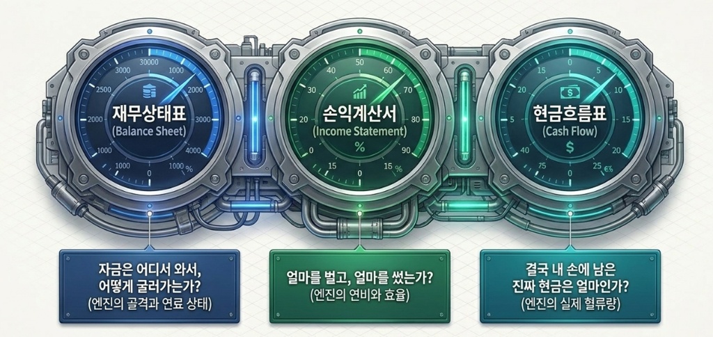 3대 재무제표 게이지 — 재무상태표·손익계산서·현금흐름표